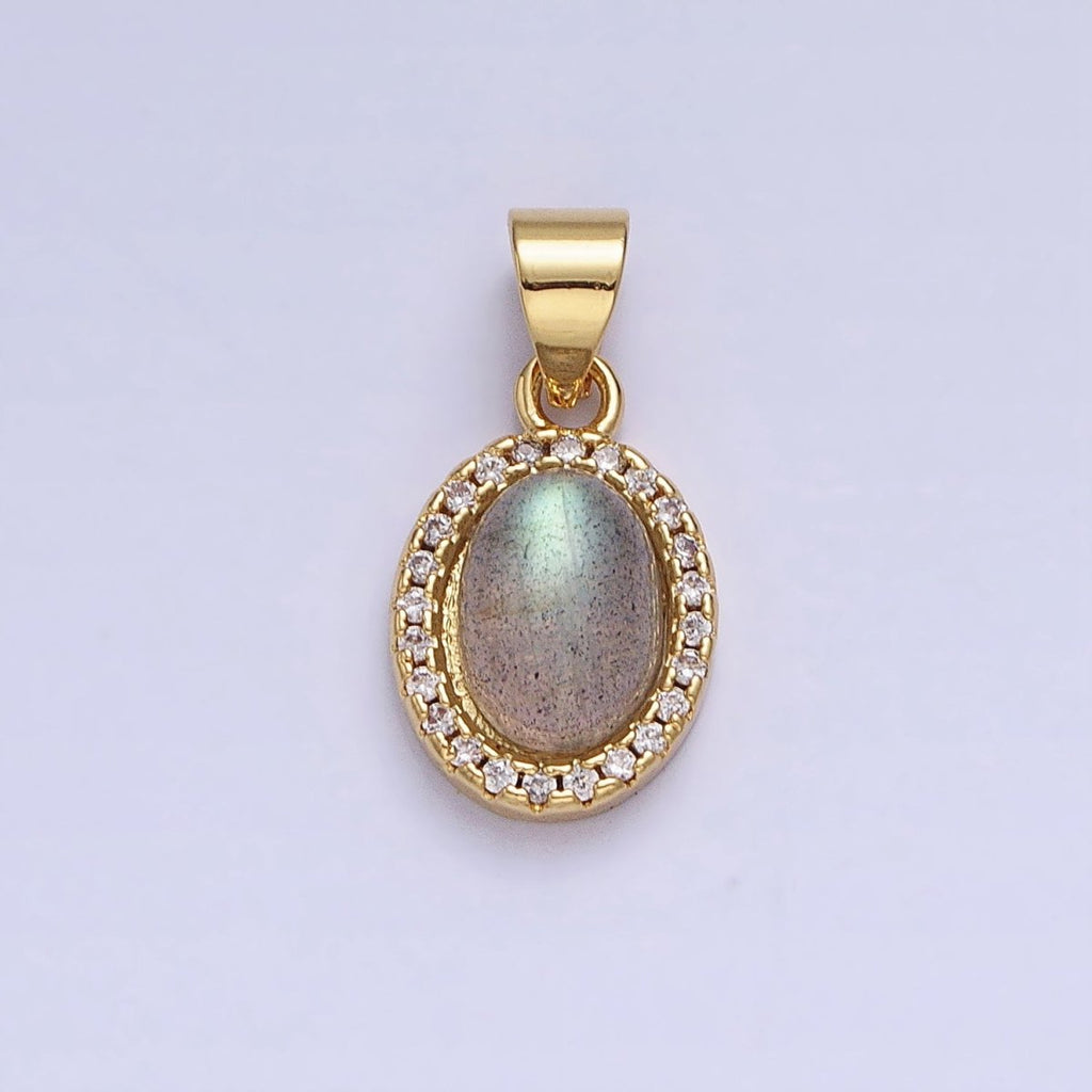 24K Gold plated Labradorite: Spectrolite Natural Gemstone Micro Paved CZ Oval Pendant | AA178 - DLUXCA