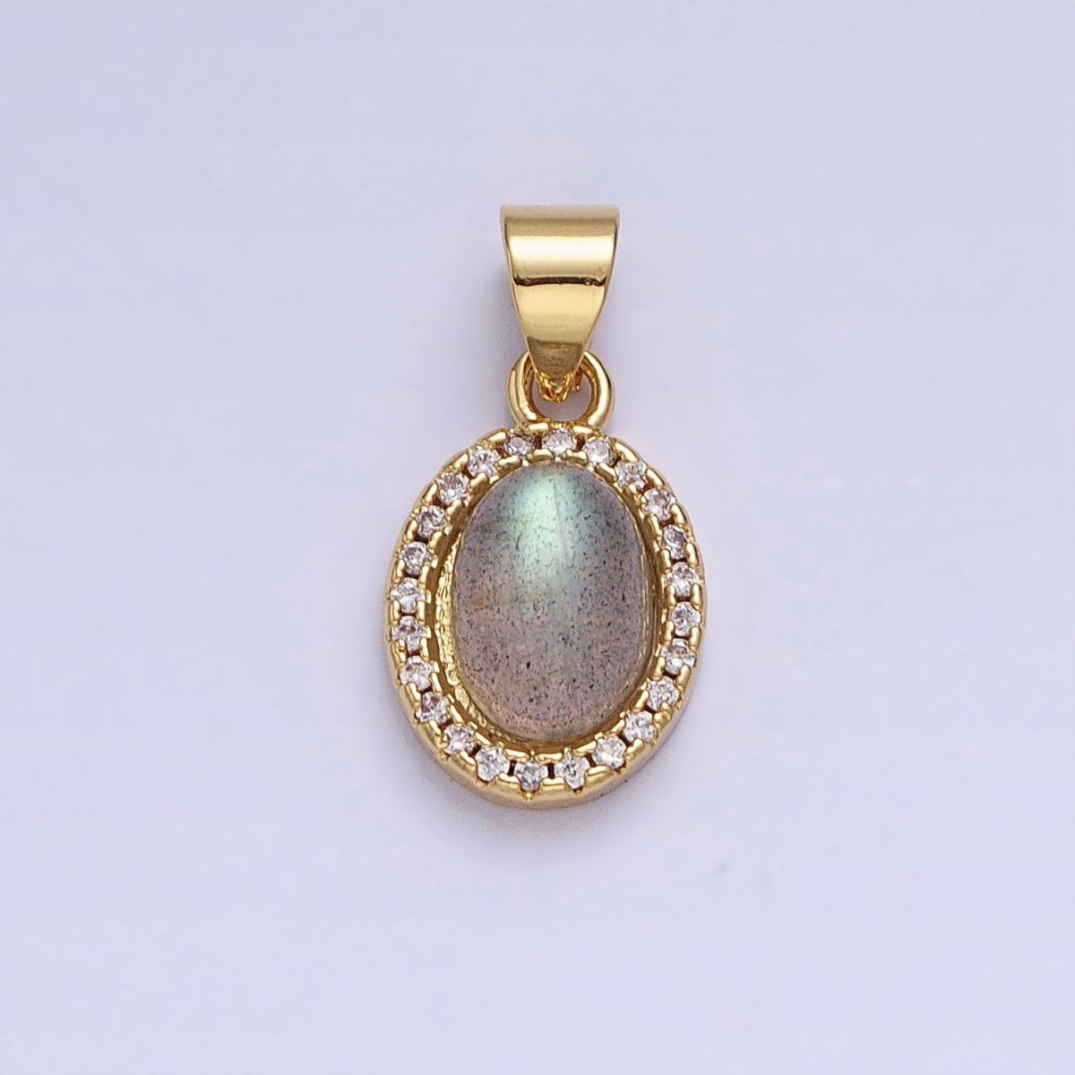 24K Gold plated Labradorite: Spectrolite Natural Gemstone Micro Paved CZ Oval Pendant | AA178 - DLUXCA