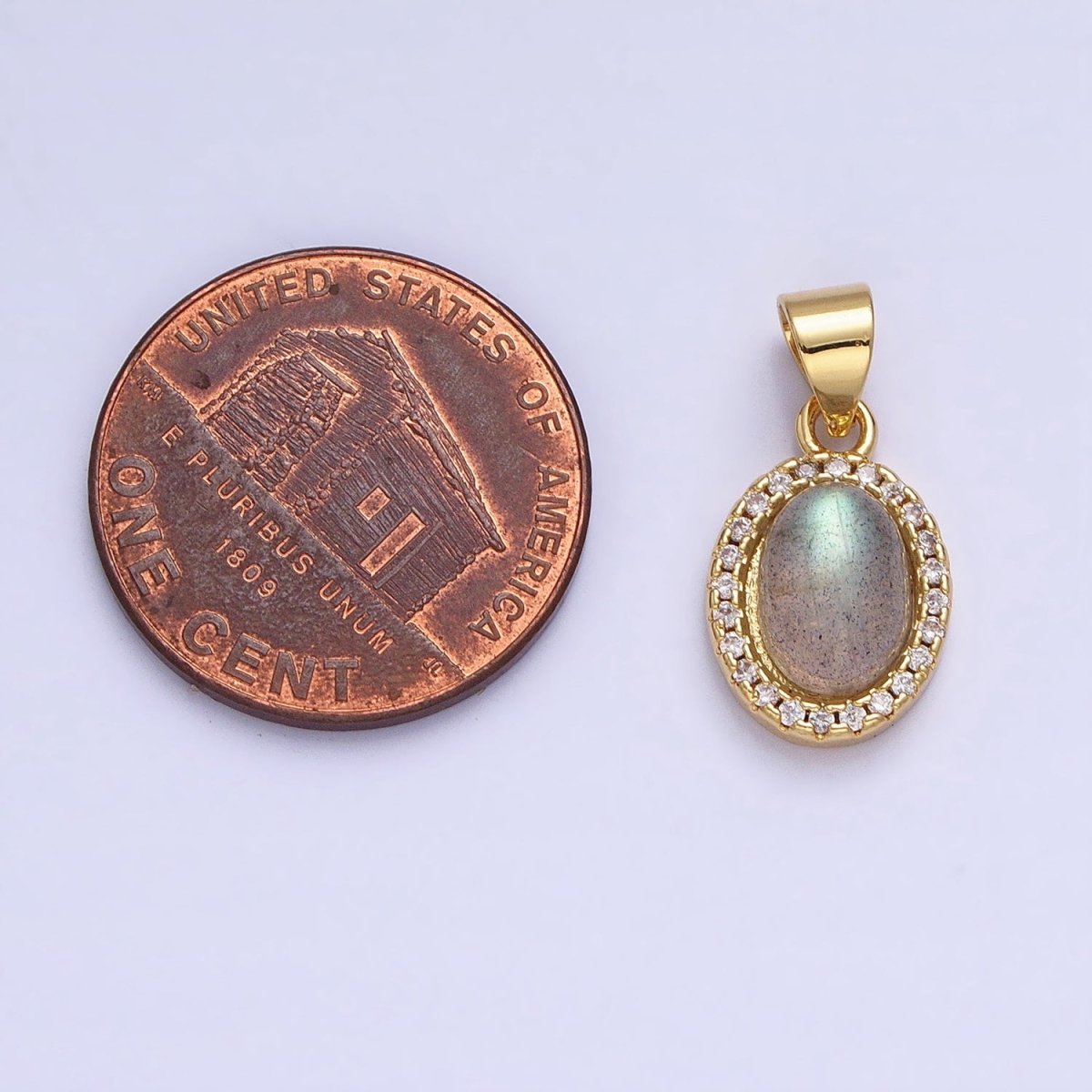 24K Gold plated Labradorite: Spectrolite Natural Gemstone Micro Paved CZ Oval Pendant | AA178 - DLUXCA