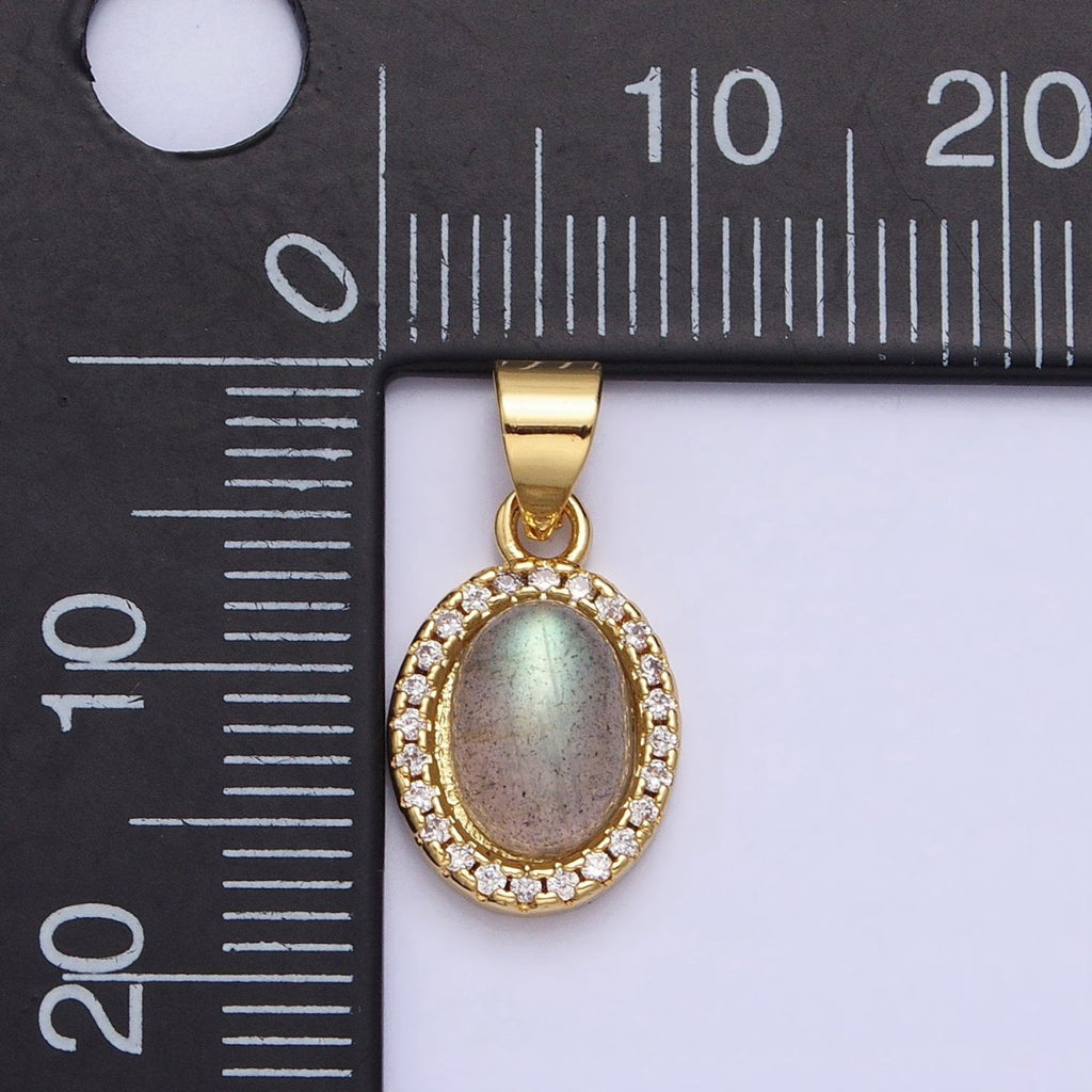 24K Gold plated Labradorite: Spectrolite Natural Gemstone Micro Paved CZ Oval Pendant | AA178 - DLUXCA