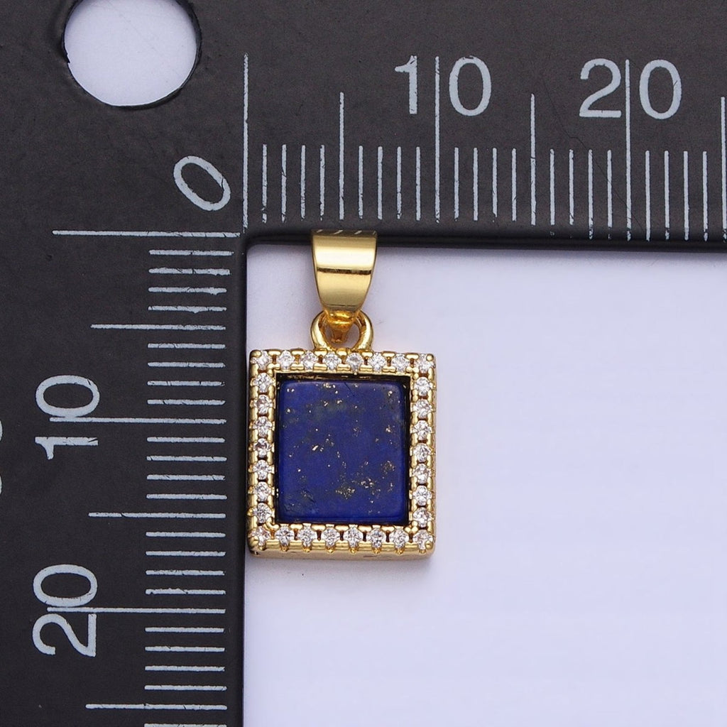 24K Gold plated Lapis Lazuli Natural Gemstone Micro Paved CZ Rectangular Pendant | AA-181 - DLUXCA