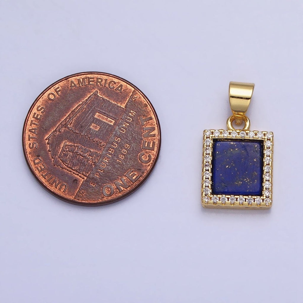 24K Gold plated Lapis Lazuli Natural Gemstone Micro Paved CZ Rectangular Pendant | AA-181 - DLUXCA