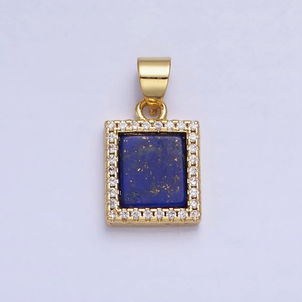 24K Gold plated Lapis Lazuli Natural Gemstone Micro Paved CZ Rectangular Pendant | AA-181 - DLUXCA