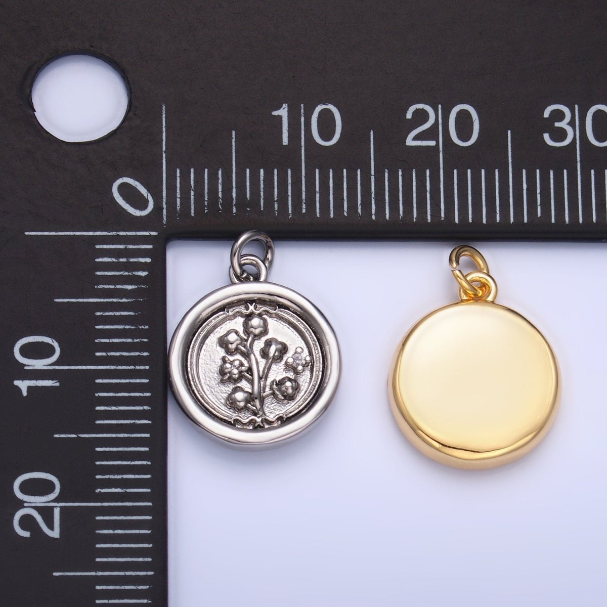 24K Gold plated Lily of the Valley Flower CZ Stamped Round Charm in Gold & Silver | W382 - DLUXCA