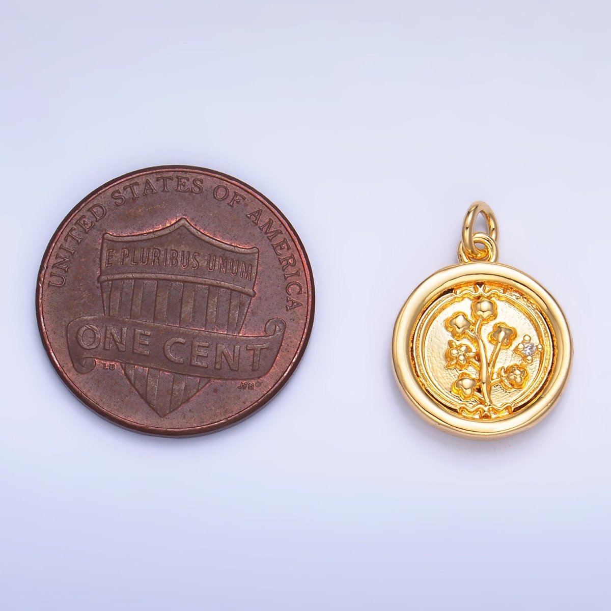 24K Gold plated Lily of the Valley Flower CZ Stamped Round Charm in Gold & Silver | W382 - DLUXCA