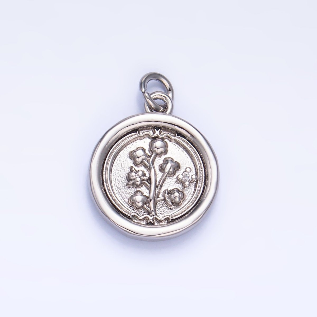24K Gold plated Lily of the Valley Flower CZ Stamped Round Charm in Gold & Silver | W382 - DLUXCA