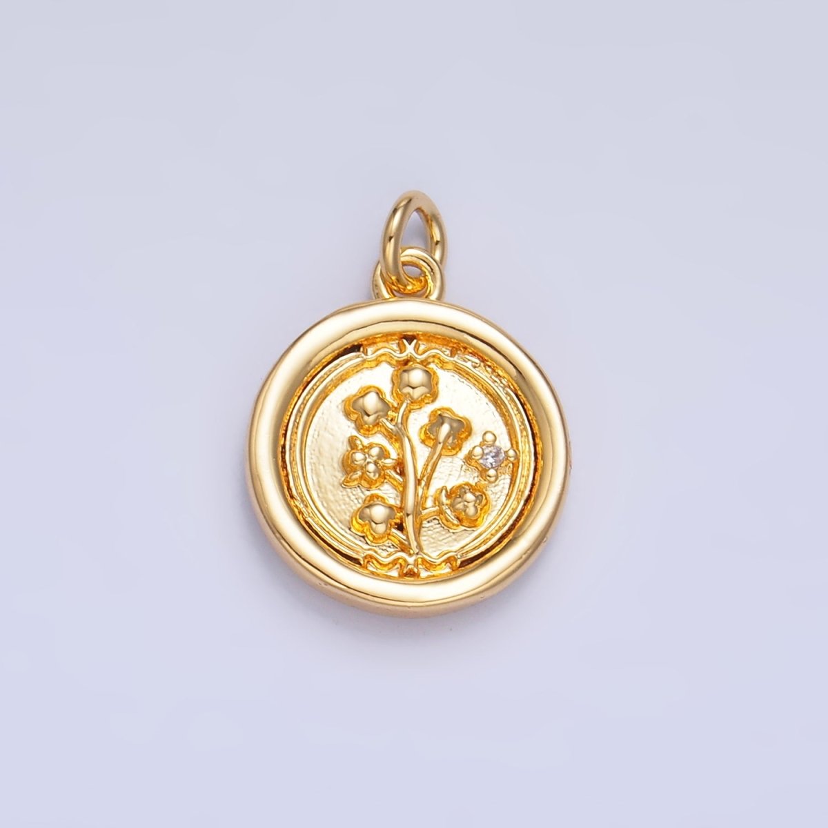 24K Gold plated Lily of the Valley Flower CZ Stamped Round Charm in Gold & Silver | W382 - DLUXCA