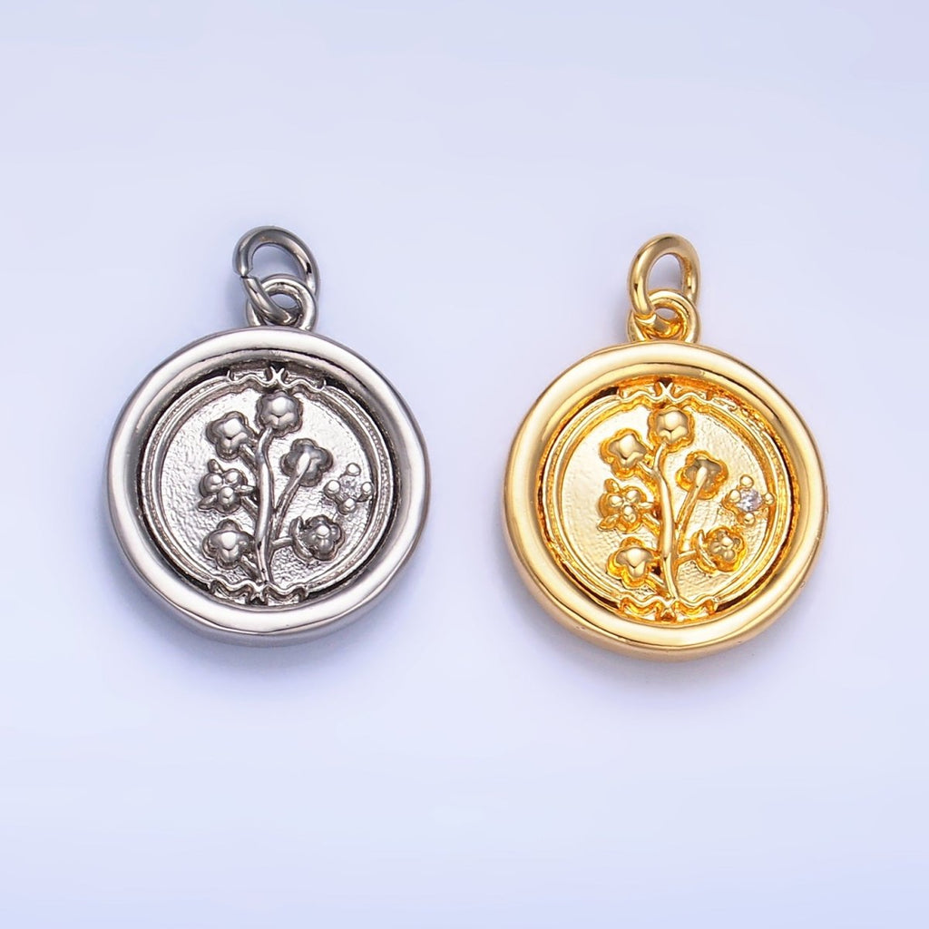 24K Gold plated Lily of the Valley Flower CZ Stamped Round Charm in Gold & Silver | W382 - DLUXCA