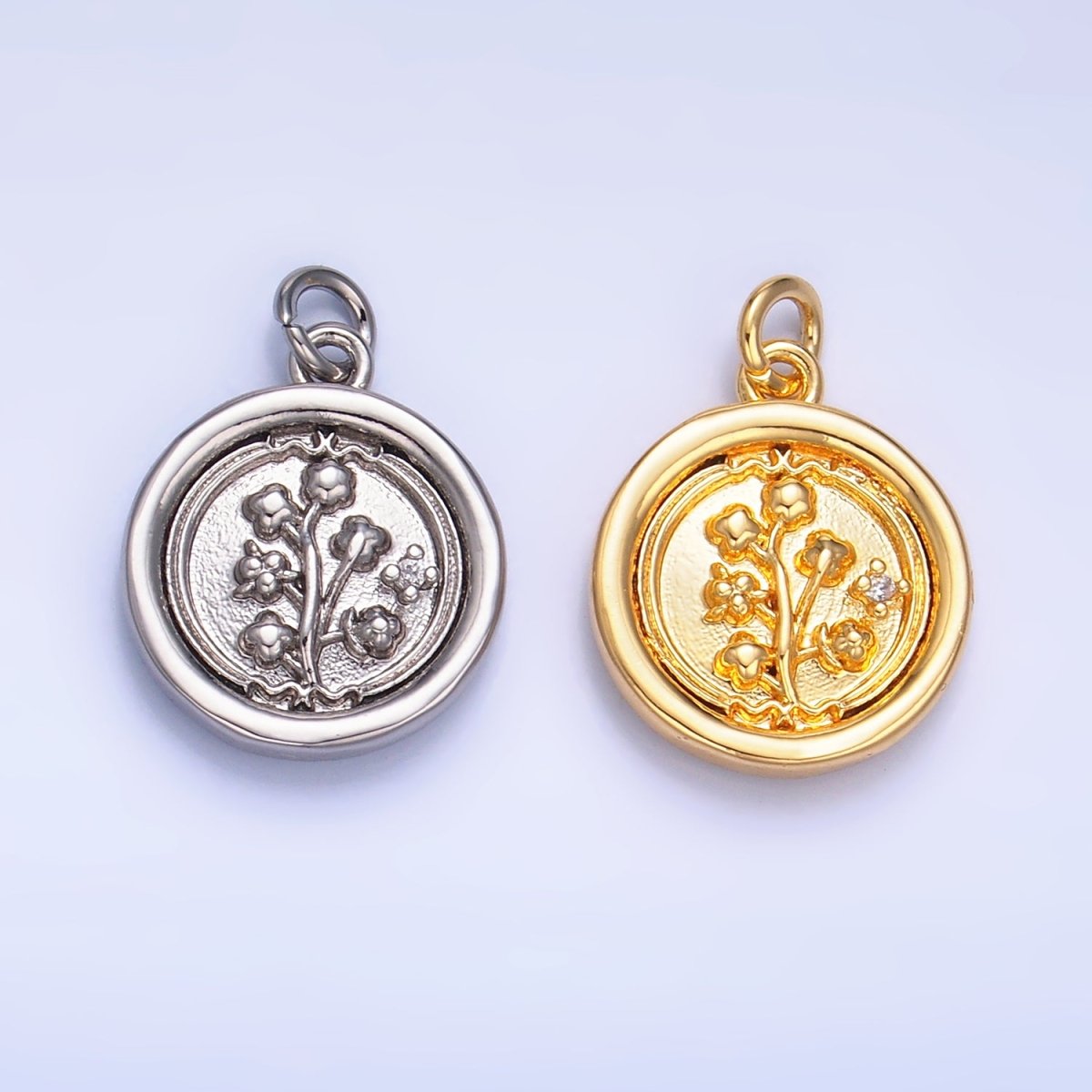24K Gold plated Lily of the Valley Flower CZ Stamped Round Charm in Gold & Silver | W382 - DLUXCA
