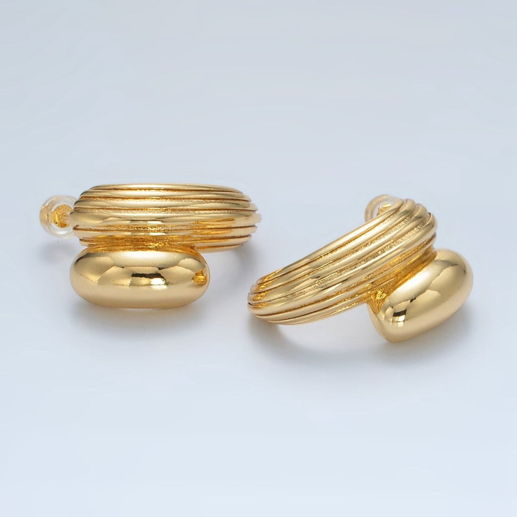 24K Gold plated Line - Textured Double Dome Band C - Shaped Hoop Earrings | Q334 - DLUXCA