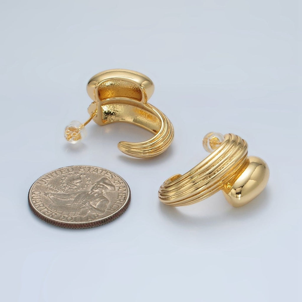 24K Gold plated Line - Textured Double Dome Band C - Shaped Hoop Earrings | Q334 - DLUXCA