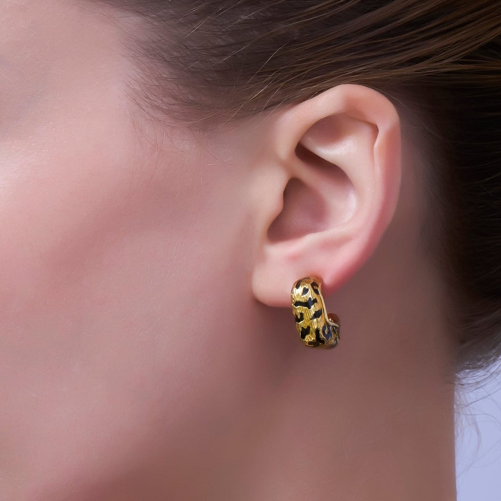 24K Gold plated Lined Cheetah Print J - Shaped Hoop Earrings | AB784 - DLUXCA