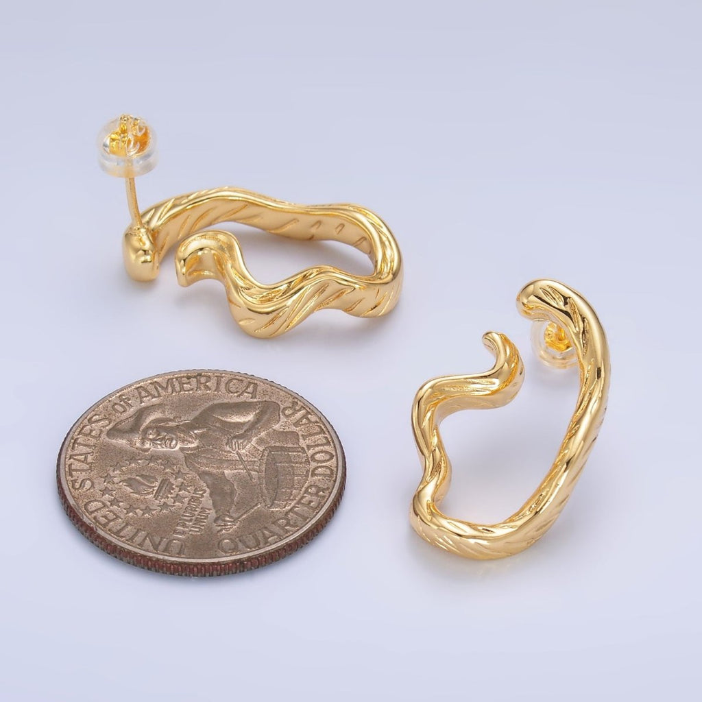 24K Gold plated Lined - Textured Curled Abstract Band Studs Earrings Set | AB484 