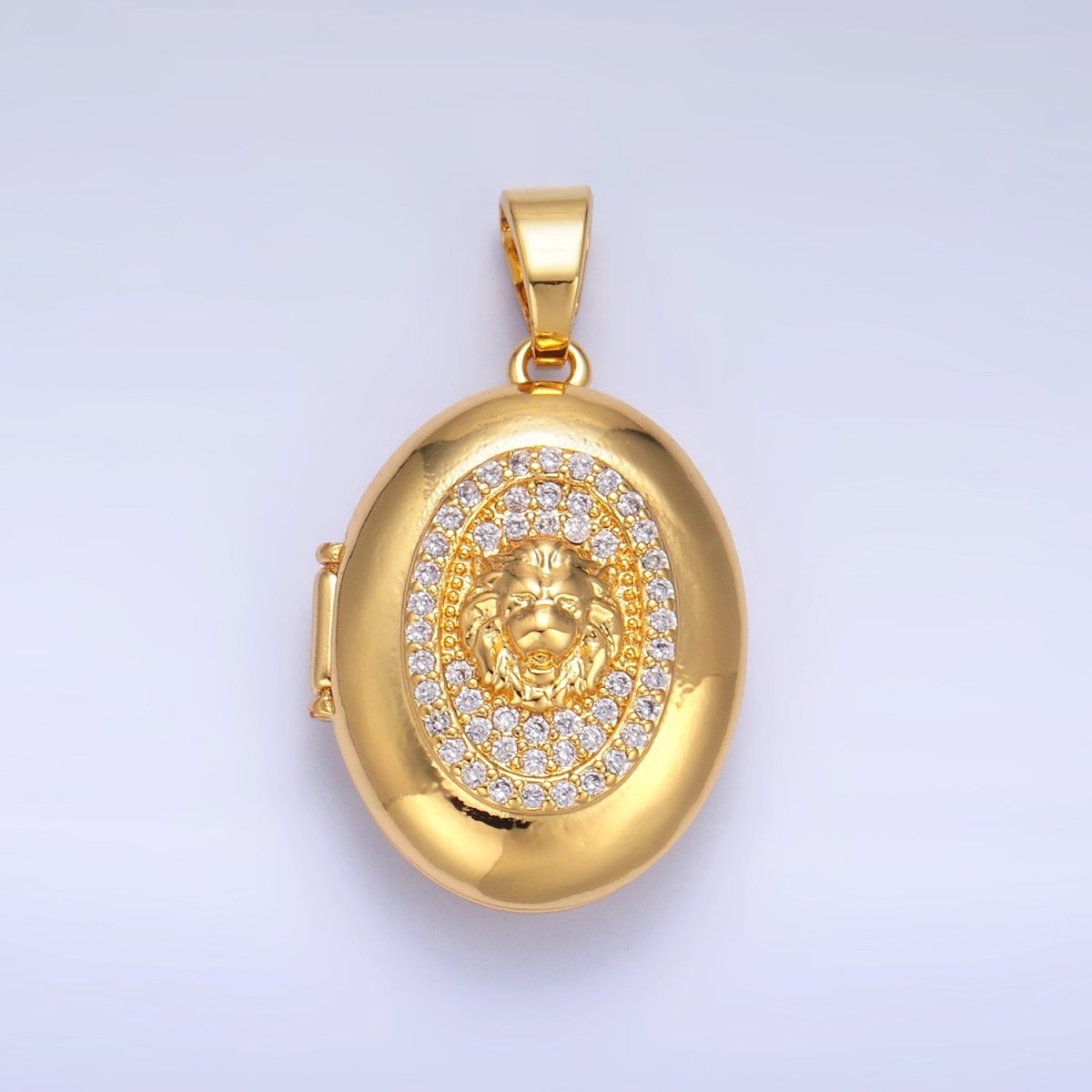 24K Gold plated Lion Micro Paved CZ Oval Locket Pendant | AA868 