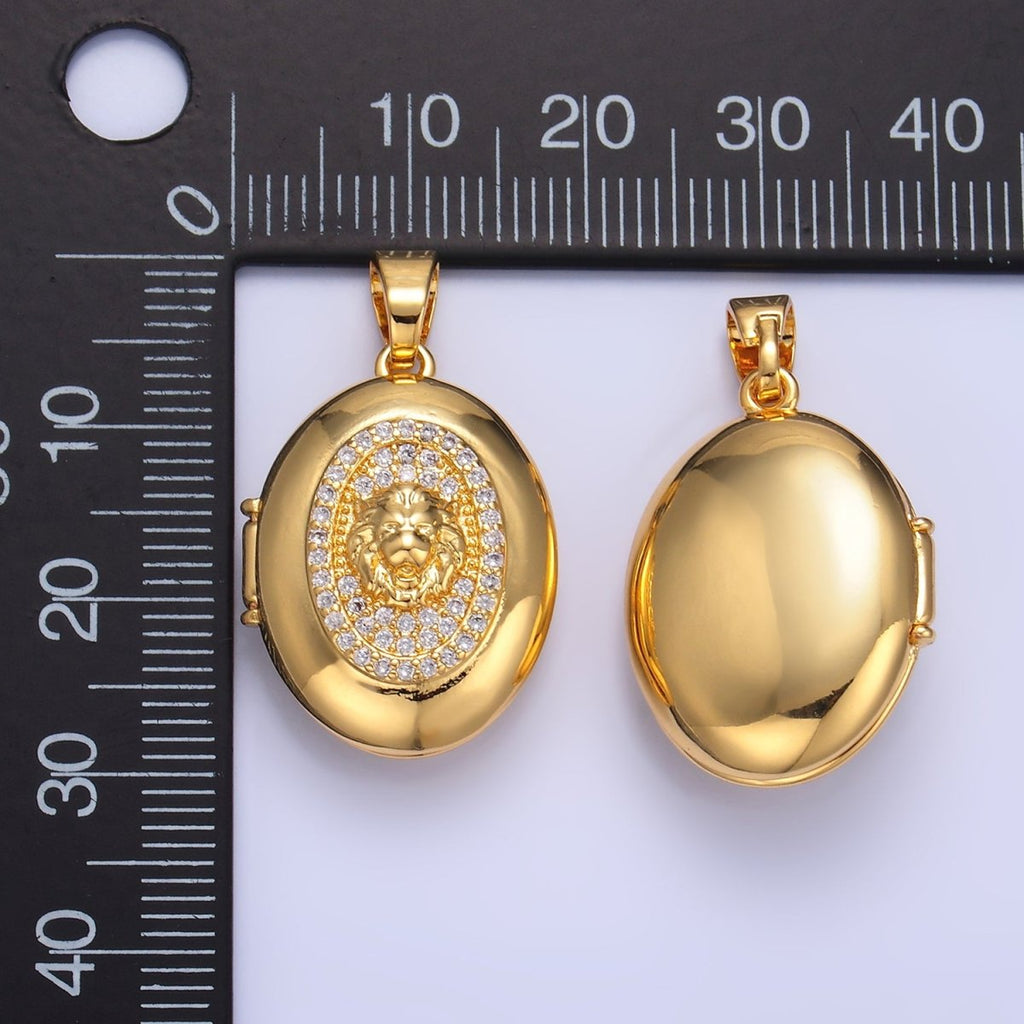 24K Gold plated Lion Micro Paved CZ Oval Locket Pendant | AA868 