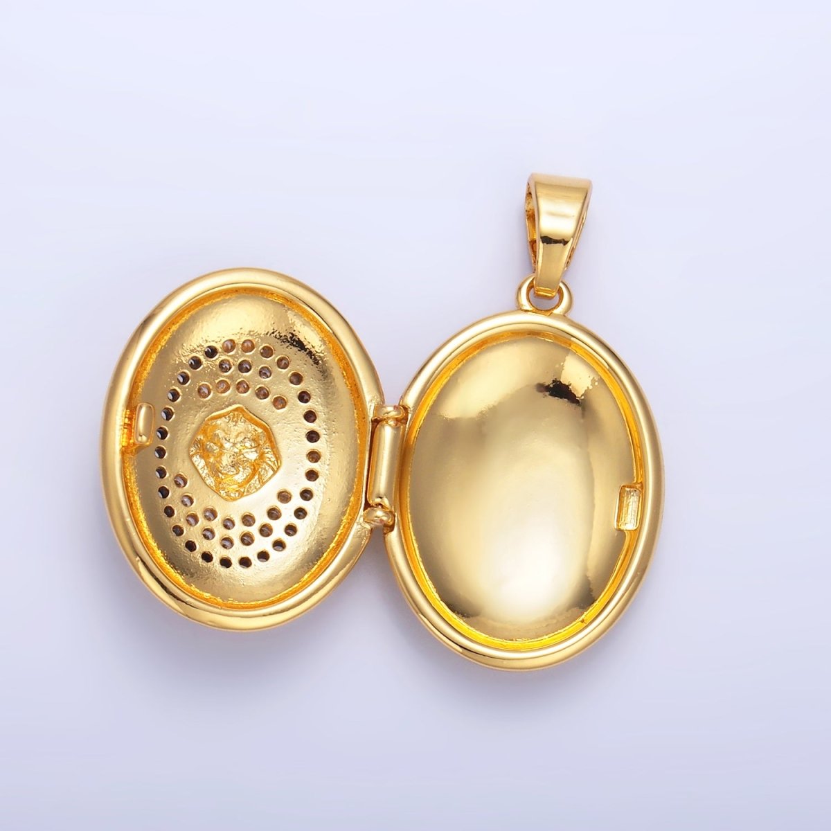 24K Gold plated Lion Micro Paved CZ Oval Locket Pendant | AA868 