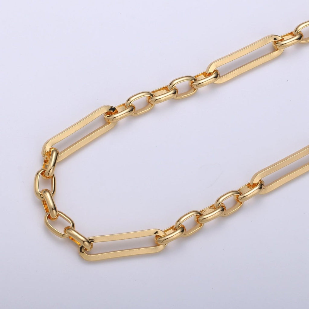 24K Gold plated Long and Short Fancy Chain by Yard, Link Cable Thick Elongate Chain, Wholesale Roll Chain | ROLL-371 Clearance Pricing - DLUXCA