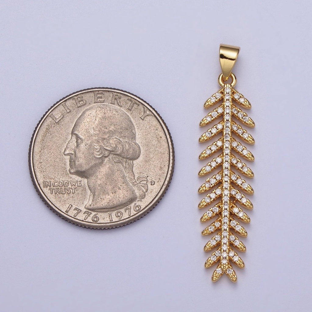 24K Gold plated Long Majesty Palm Leaf Micro Paved CZ Pendant I-315 - DLUXCA