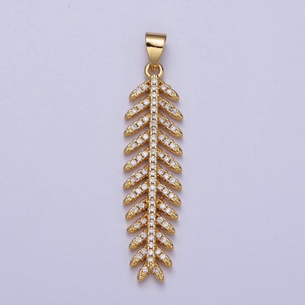 24K Gold plated Long Majesty Palm Leaf Micro Paved CZ Pendant I-315 - DLUXCA