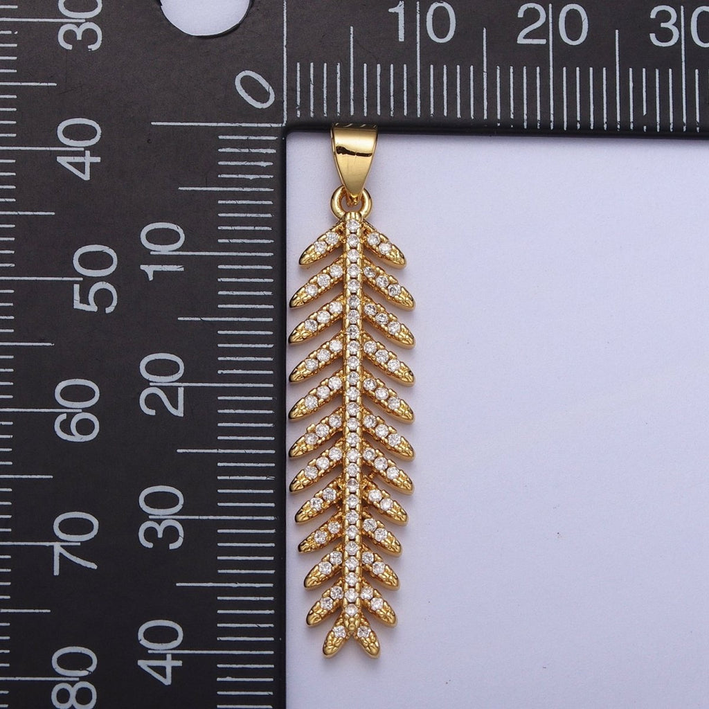 24K Gold plated Long Majesty Palm Leaf Micro Paved CZ Pendant I-315 - DLUXCA