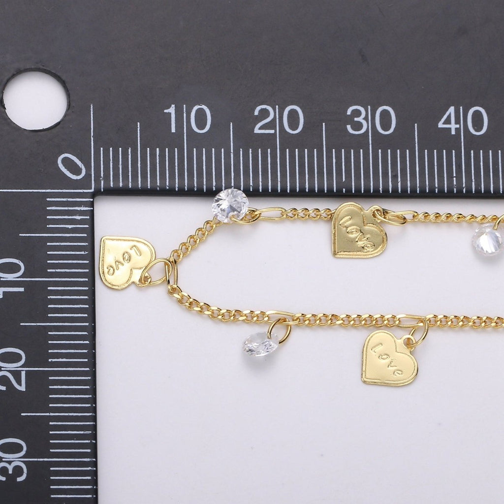 24K Gold plated Love Charmed Cubic Chain by Yard, Heart CZ Charm Twisted Curb Chain by Yard, Curb Designed Unfinished Chain For Necklace Making | ROLL-323 Clearance Pricing - DLUXCA