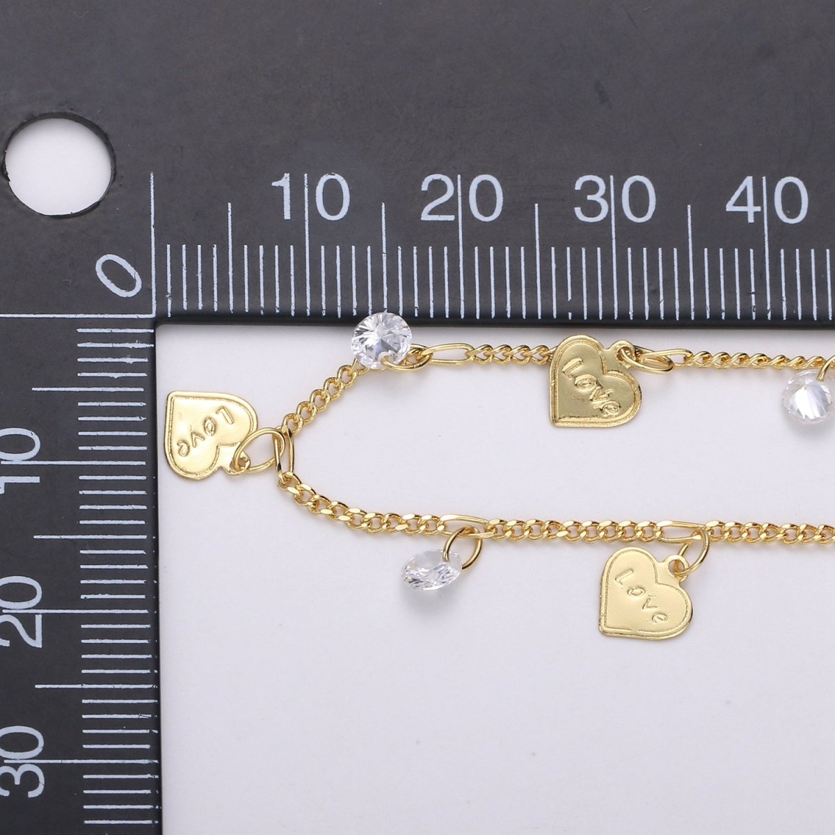 24K Gold plated Love Charmed Cubic Chain by Yard, Heart CZ Charm Twisted Curb Chain by Yard, Curb Designed Unfinished Chain For Necklace Making | ROLL-323 Clearance Pricing - DLUXCA