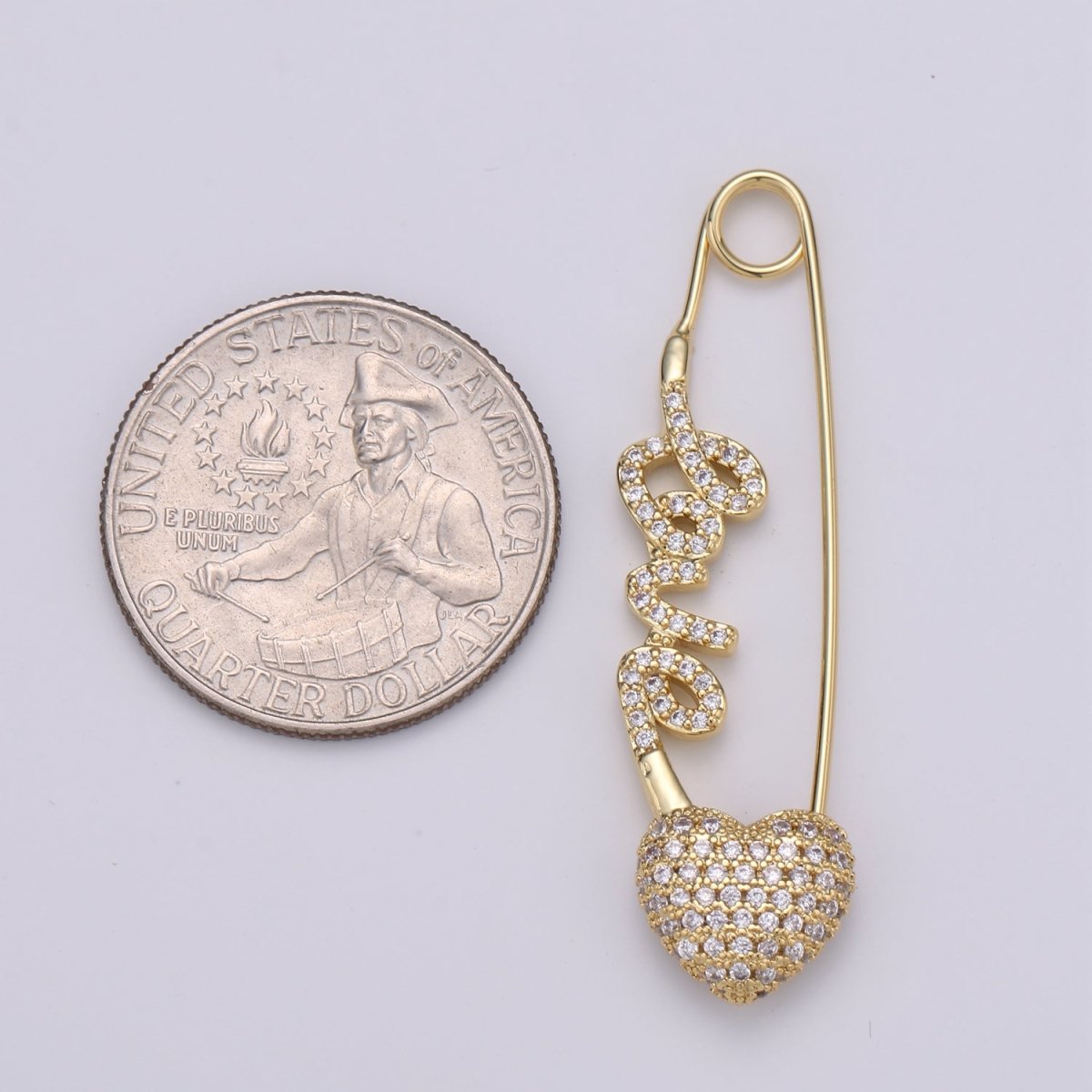 24K Gold plated "Love" Gold / Teal / Magenta Micro Paved CZ Heart Safety Pins | K-877 K-878 K-879 - DLUXCA