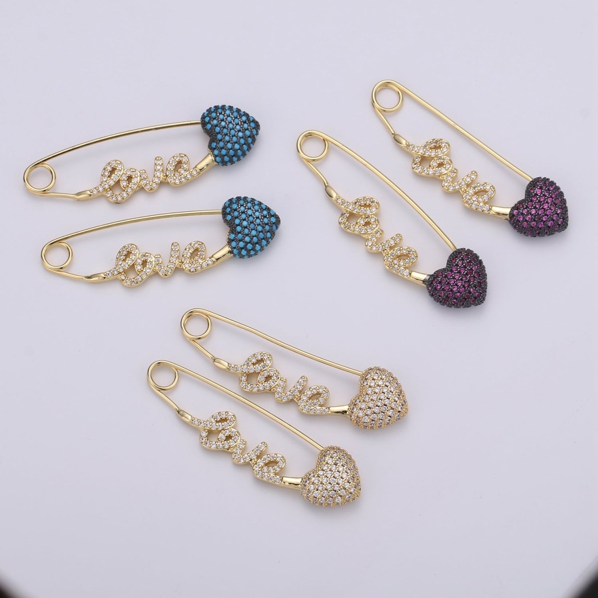 24K Gold plated "Love" Gold / Teal / Magenta Micro Paved CZ Heart Safety Pins | K-877 K-878 K-879 - DLUXCA