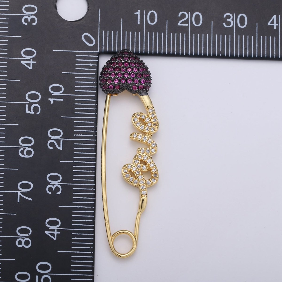 24K Gold plated "Love" Gold / Teal / Magenta Micro Paved CZ Heart Safety Pins | K-877 K-878 K-879 - DLUXCA