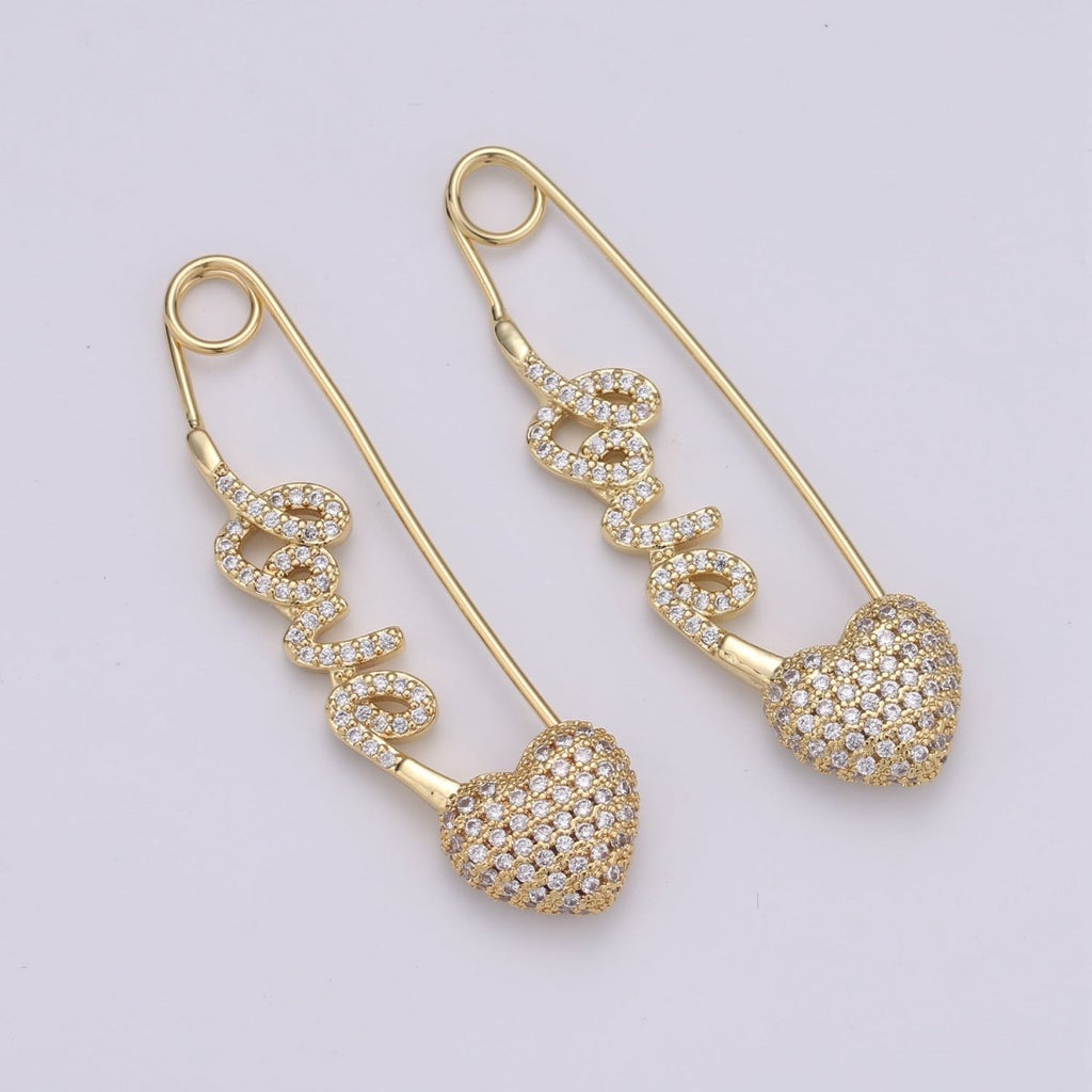 24K Gold plated "Love" Gold / Teal / Magenta Micro Paved CZ Heart Safety Pins | K-877 K-878 K-879 - DLUXCA