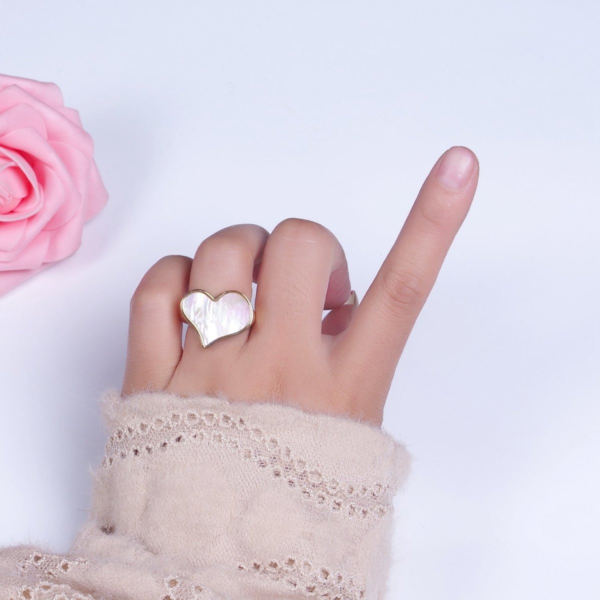 24K Gold plated Love Heart White Shell Pearl Wide Band Ring For Valentines | O-1997 - DLUXCA