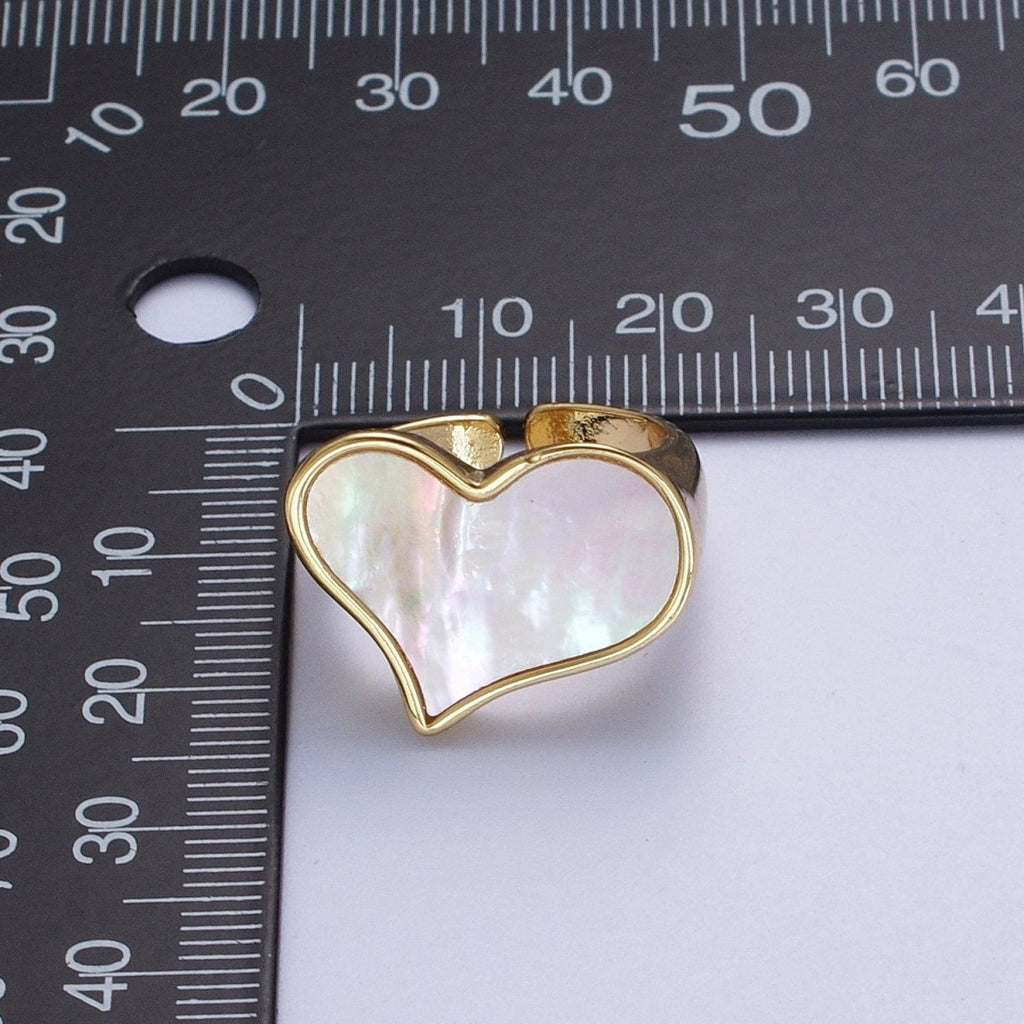 24K Gold plated Love Heart White Shell Pearl Wide Band Ring For Valentines | O-1997 - DLUXCA
