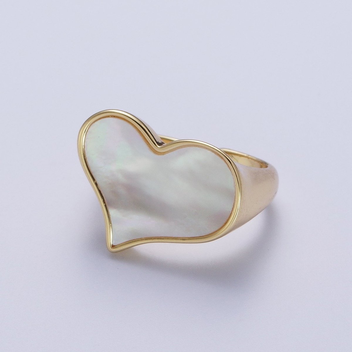 24K Gold plated Love Heart White Shell Pearl Wide Band Ring For Valentines | O-1997 - DLUXCA
