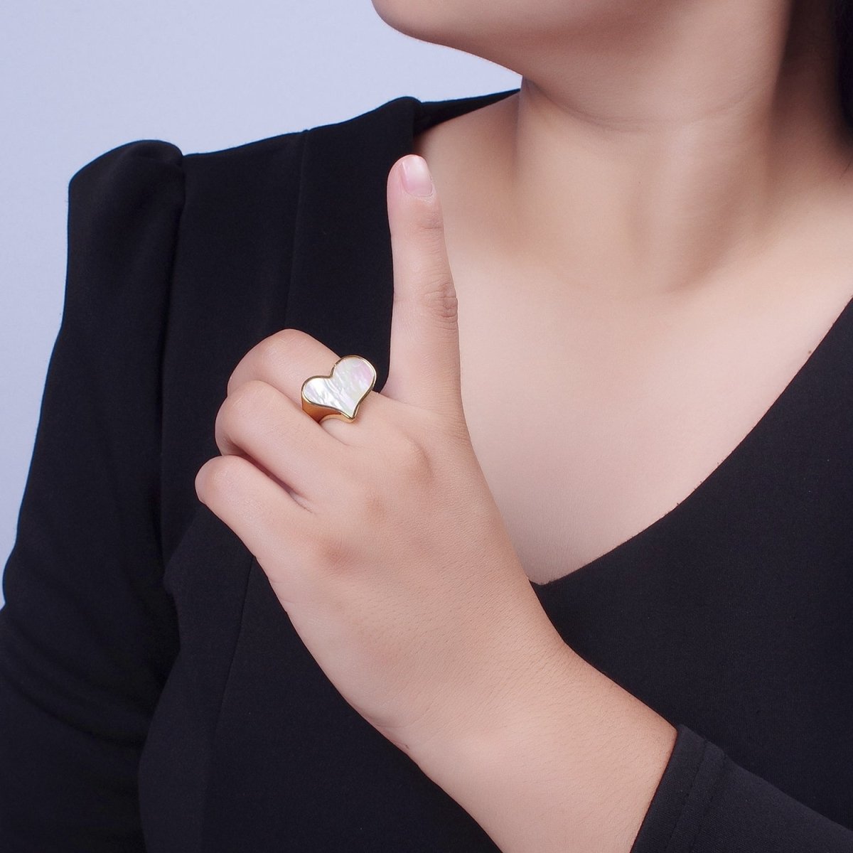 24K Gold plated Love Heart White Shell Pearl Wide Band Ring For Valentines | O-1997 - DLUXCA