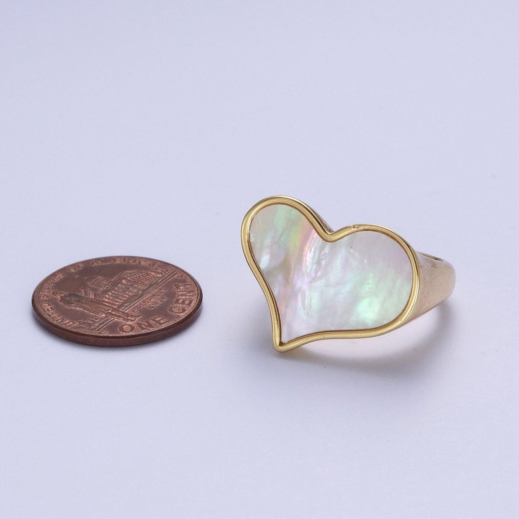 24K Gold plated Love Heart White Shell Pearl Wide Band Ring For Valentines | O-1997 - DLUXCA