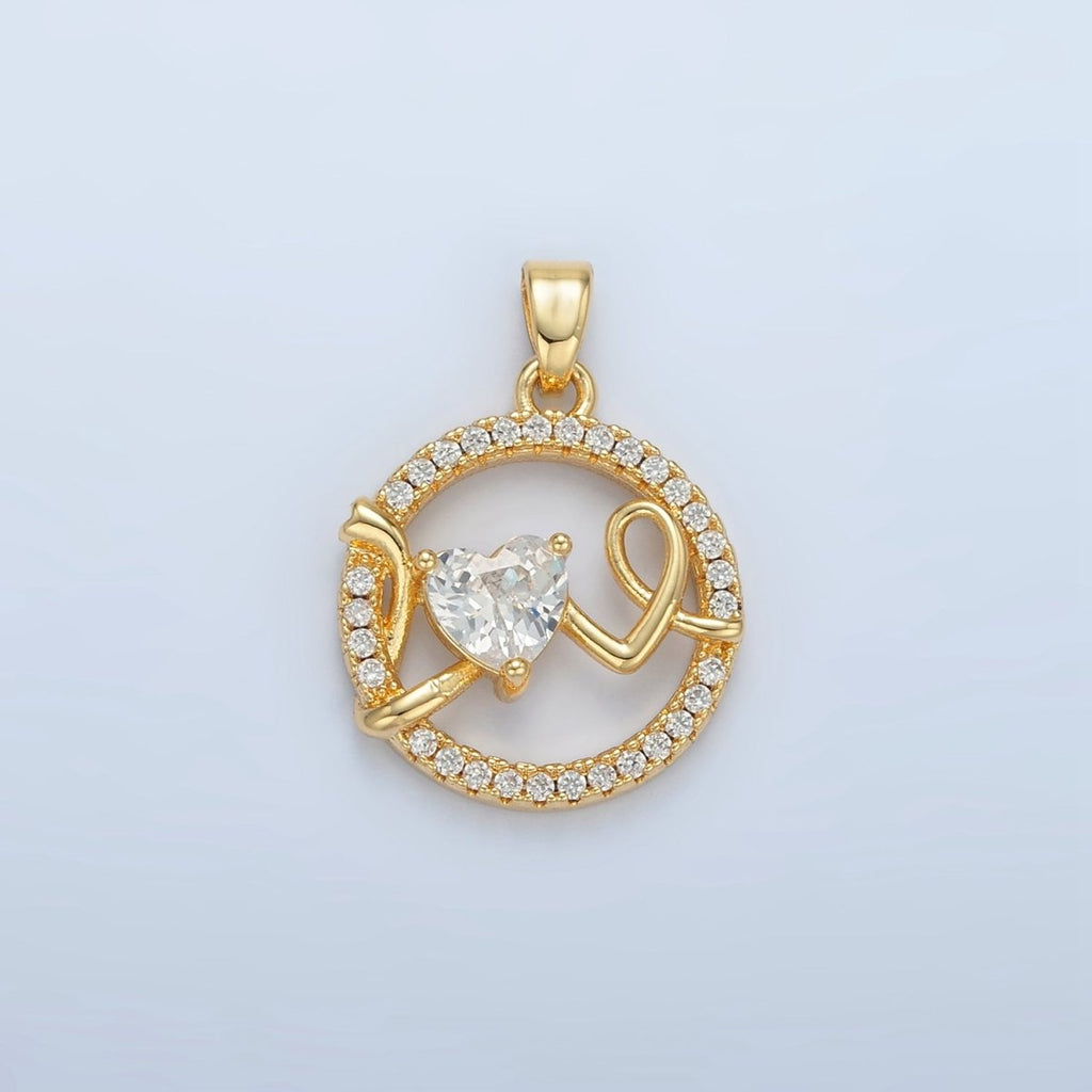 24K Gold plated "Love" Script Heart CZ Micro Paved Open Round Pendant | AA891 - DLUXCA