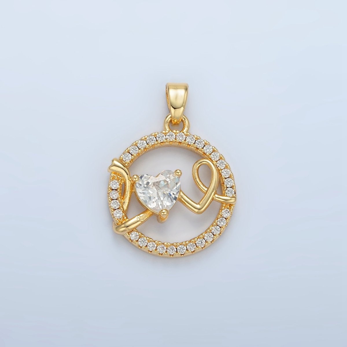 24K Gold plated "Love" Script Heart CZ Micro Paved Open Round Pendant | AA891 - DLUXCA