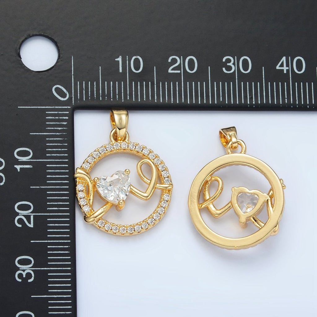 24K Gold plated "Love" Script Heart CZ Micro Paved Open Round Pendant | AA891 - DLUXCA
