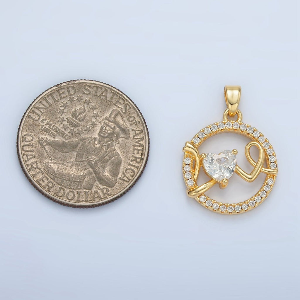 24K Gold plated "Love" Script Heart CZ Micro Paved Open Round Pendant | AA891 - DLUXCA
