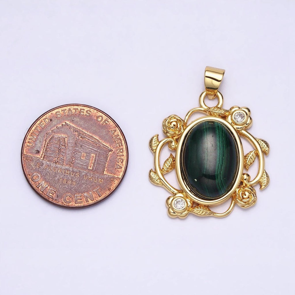 24k Gold plated Malachite, Howlite Charms, Gold Oval Cabochon Pendant with Rose Flower Frame AA281 AA282