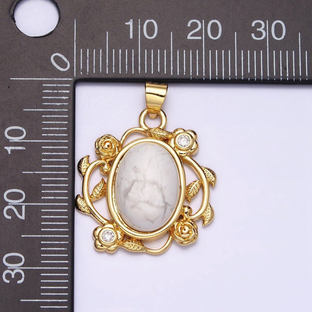 24k Gold plated Malachite, Howlite Charms, Gold Oval Cabochon Pendant with Rose Flower Frame AA281 AA282