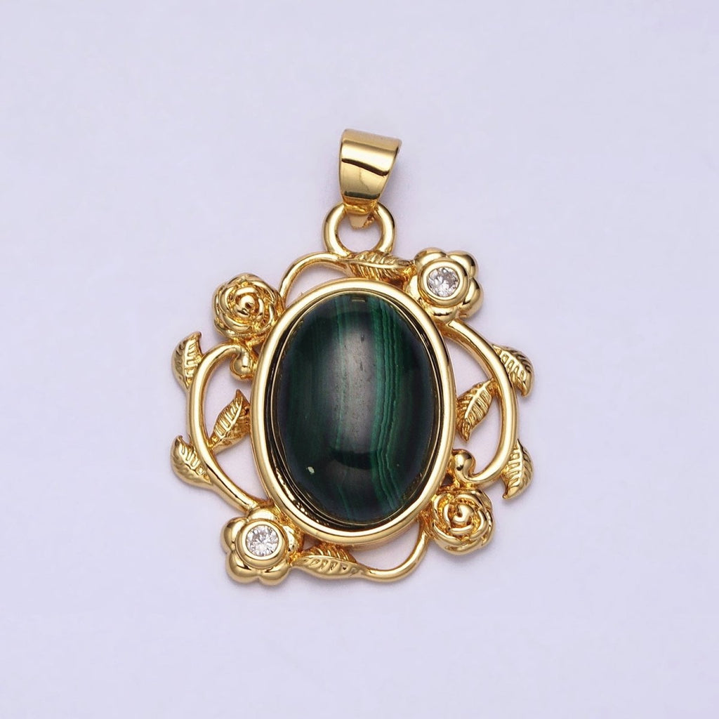 24k Gold plated Malachite, Howlite Charms, Gold Oval Cabochon Pendant with Rose Flower Frame AA281 AA282