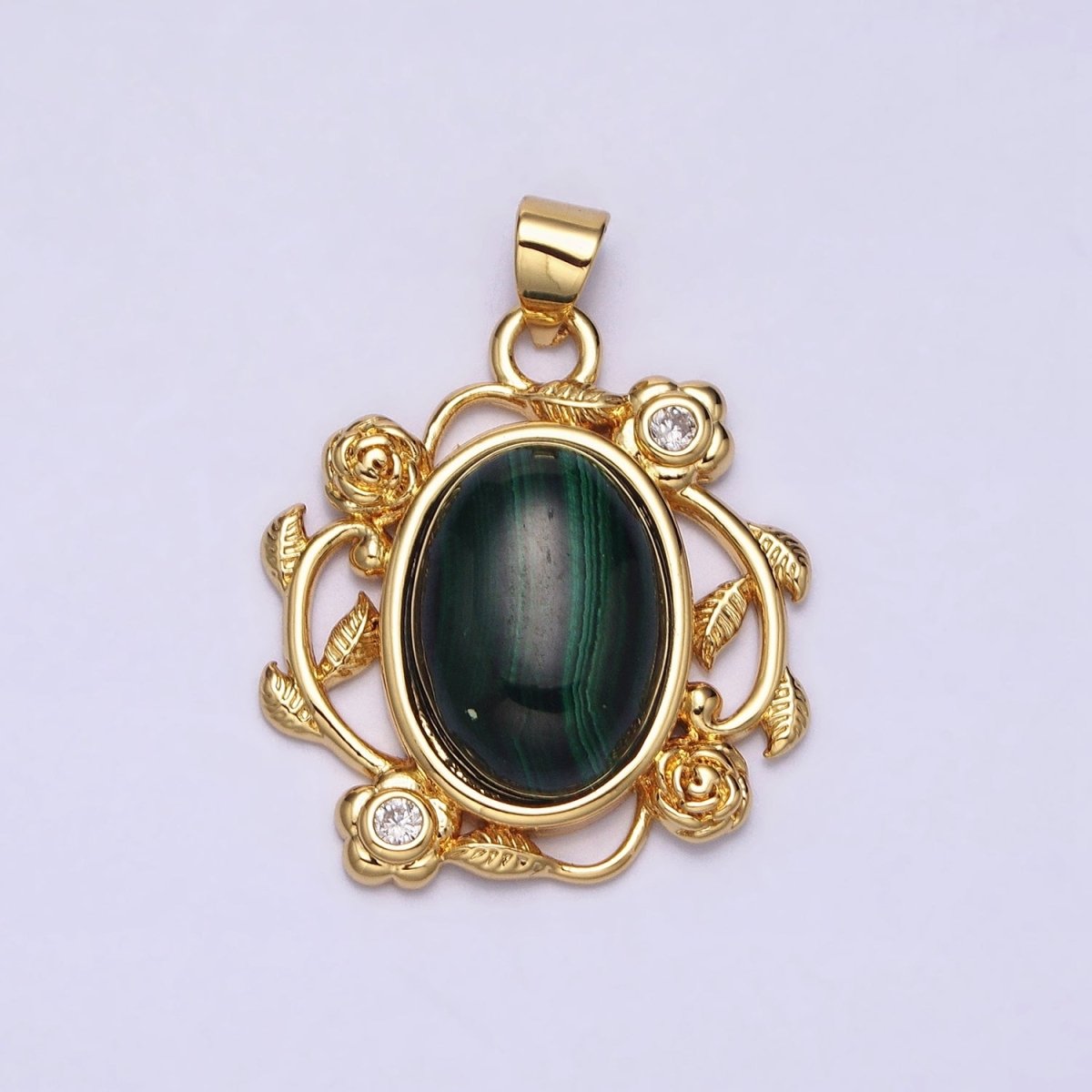 24k Gold plated Malachite, Howlite Charms, Gold Oval Cabochon Pendant with Rose Flower Frame AA281 AA282
