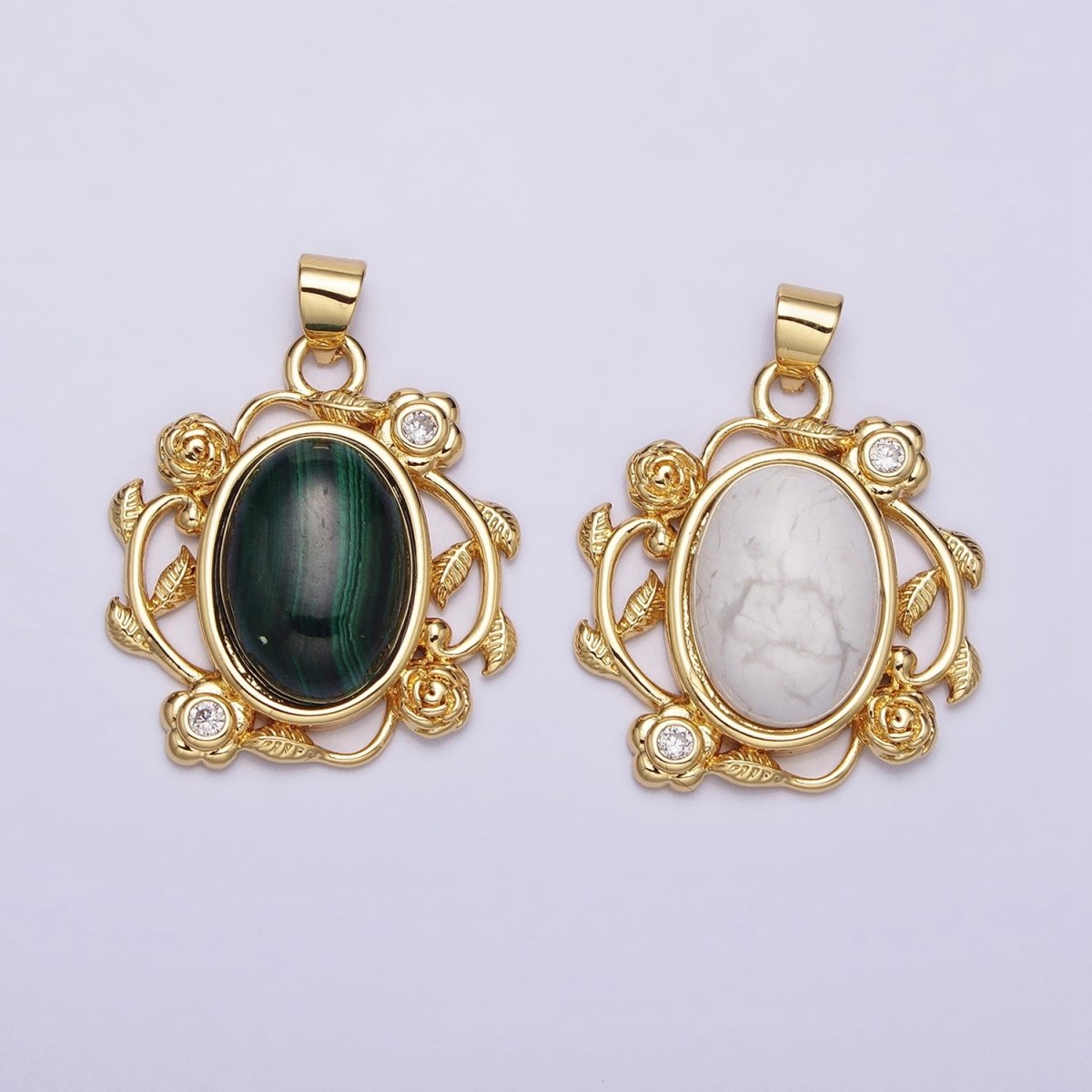 24k Gold plated Malachite, Howlite Charms, Gold Oval Cabochon Pendant with Rose Flower Frame AA281 AA282