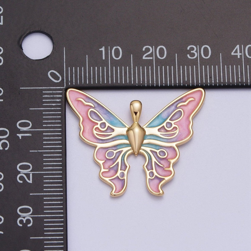 24K Gold plated Mariposa Butterfly Multicolor Gradient Pink Blue Purple Enamel Pendant H-200 - DLUXCA