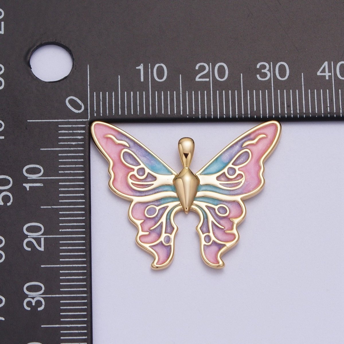 24K Gold plated Mariposa Butterfly Multicolor Gradient Pink Blue Purple Enamel Pendant H-200 - DLUXCA