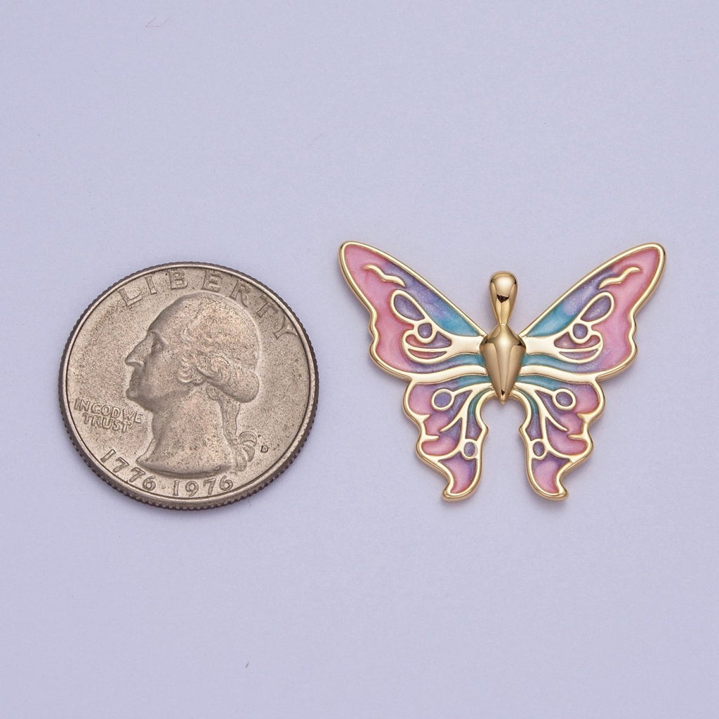24K Gold plated Mariposa Butterfly Multicolor Gradient Pink Blue Purple Enamel Pendant H-200 - DLUXCA