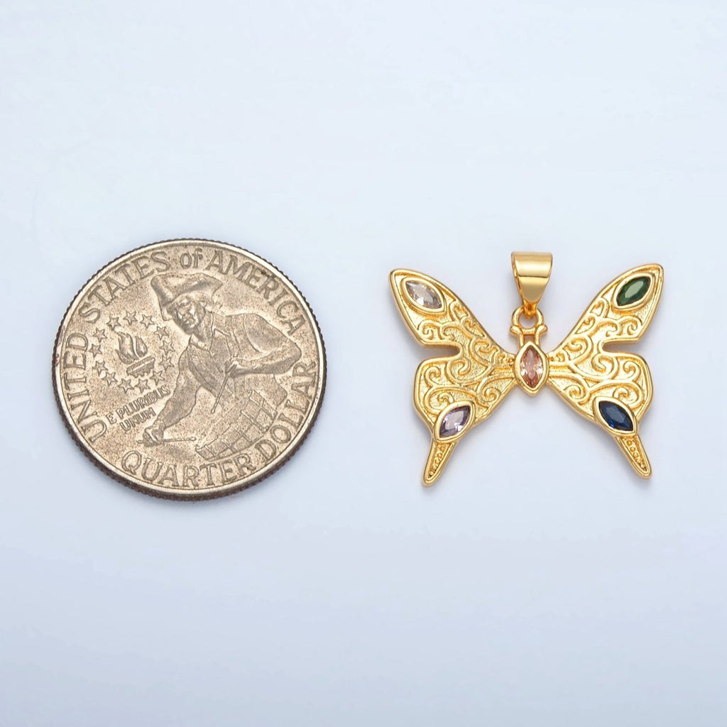 24K Gold plated Marquise CZ Artisan Butterfly Mariposa Insect Pendant | I285 - DLUXCA