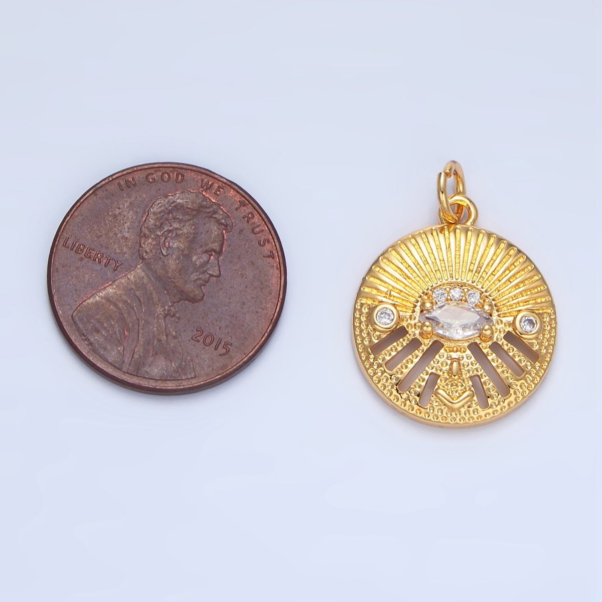 24K Gold plated Marquise CZ Evil Eye Textured Geometric Open Bar Round Charm | X820 - DLUXCA