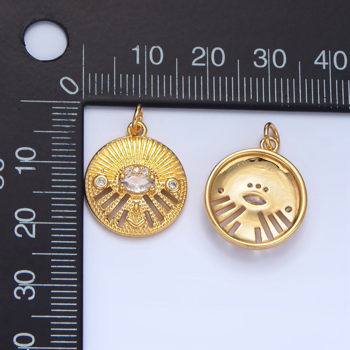 24K Gold plated Marquise CZ Evil Eye Textured Geometric Open Bar Round Charm | X820 - DLUXCA